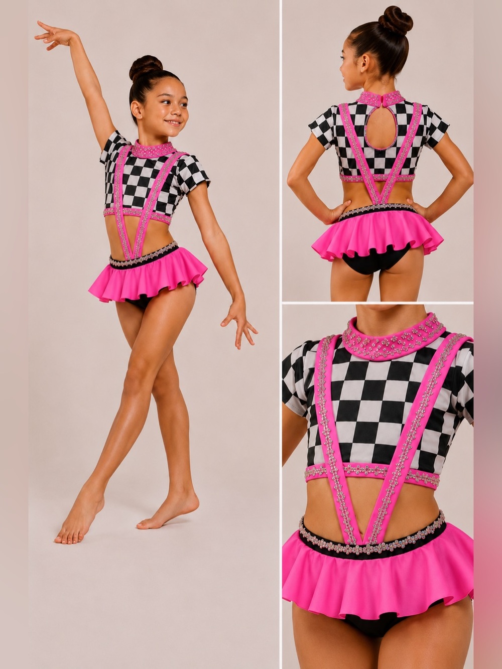 Custom Dance Costume Girls MC Black White Checkered Hot Pink Rhinestone 2 Piece